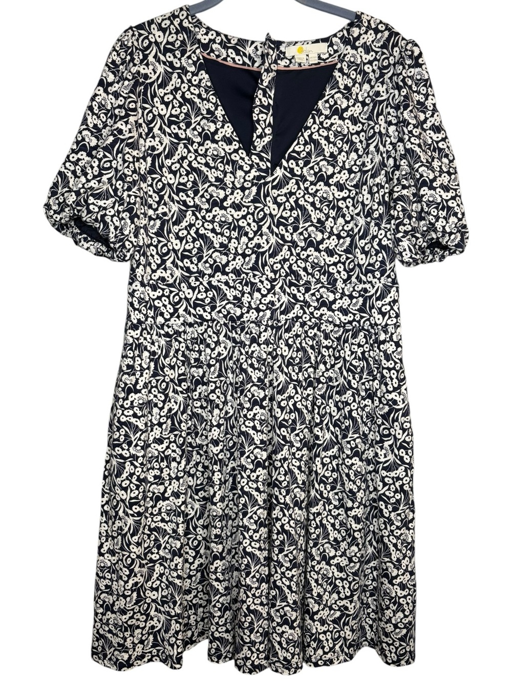Boden dress puff sleeve ditsy floral print Navy blue White V-Neck womens size 12